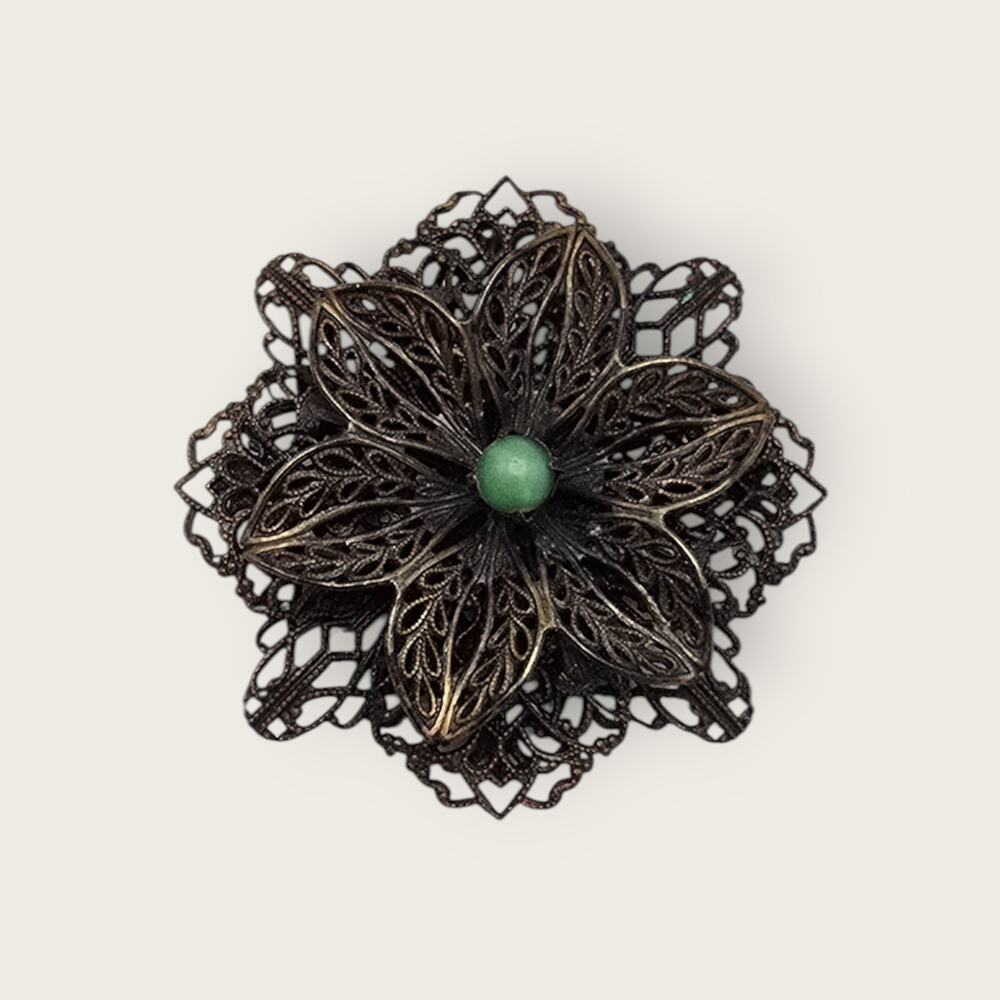 Floral Filigree Brooch Darkened Metal Green Cabochon - Classic Elegance